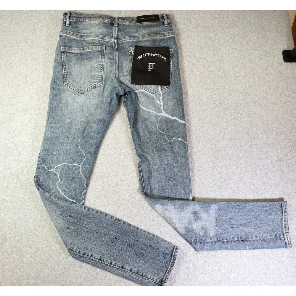 DEAD THAN COOL Youth Slim Fit Jeans Light Wash Painted Distressed Denim Size 28